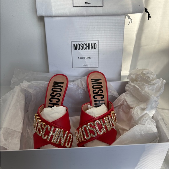Moschino Couture Crystal Embellished Leather Mule Orange Sandal NWT Size 6 - Picture 5 of 14